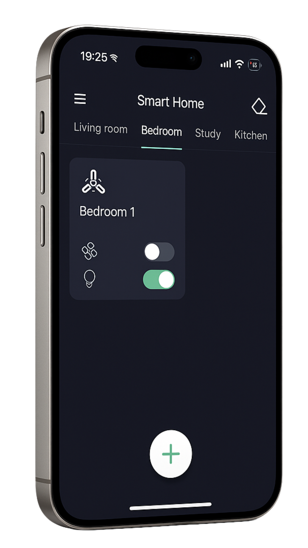 Smartphone screen showing the FanLamp Pro app interface with bedroom fan and light controls.